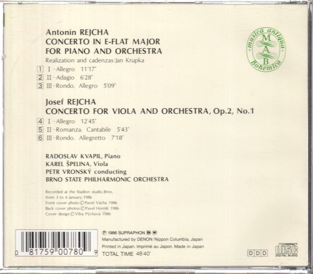 Radoslav Kvapil, Karel Špelina, Brno State Philharmonic Orchestra - Anton Reicha and Josef Rejcha - Piano & Viola Concertos - Cd