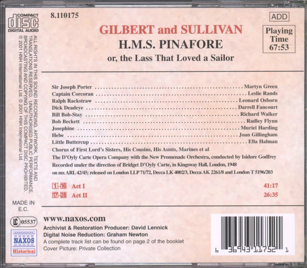 D'Oyly Carte Opera Company - Gilbert And Sullivan - H.M.S. Pinafore - Cd