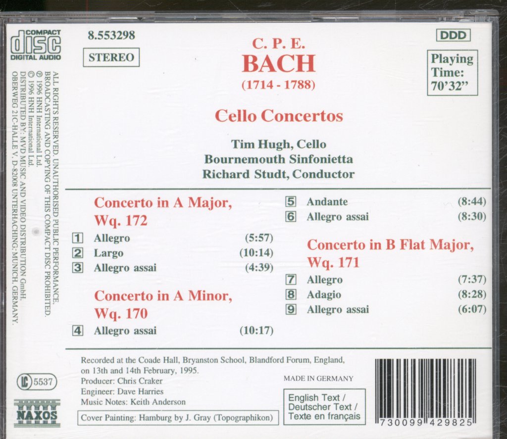 Tim Hugh, Bournemouth Sinfonietta - CPE Bach - Cello Concertos - Cd