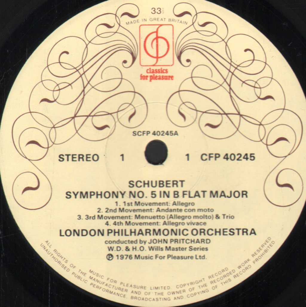 John Pritchard / London Philharmonic Orchestra - Schubert - "Unfinished" Symphony / Symphony No. 5 In B Flat Major - Lp