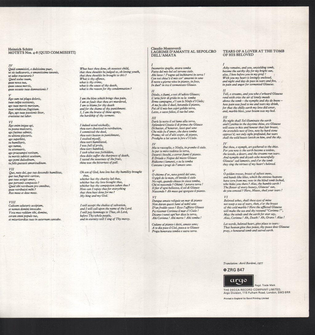 Schutz Choir Of London / Roger Norrington - Schutz - Motets Nos 4-8 (Quid Commisisti) / Monteverdi - Lagrime D'Amante Al Sepolcro Dell'Amata - Lp