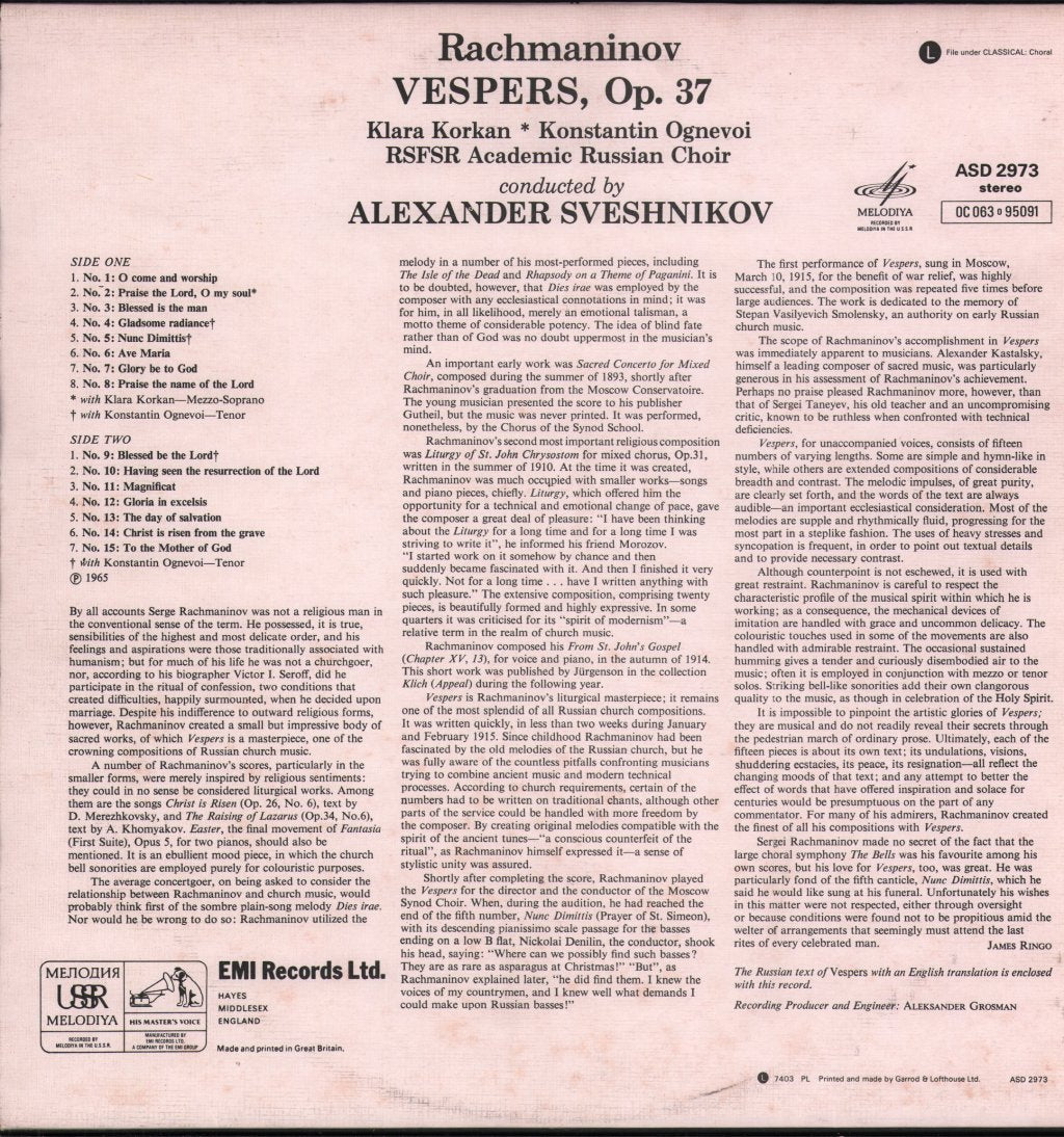 U.S.S.R. Russian Chorus / Aleksander Sveshnikov - Rachmaninov - Vespers - Lp