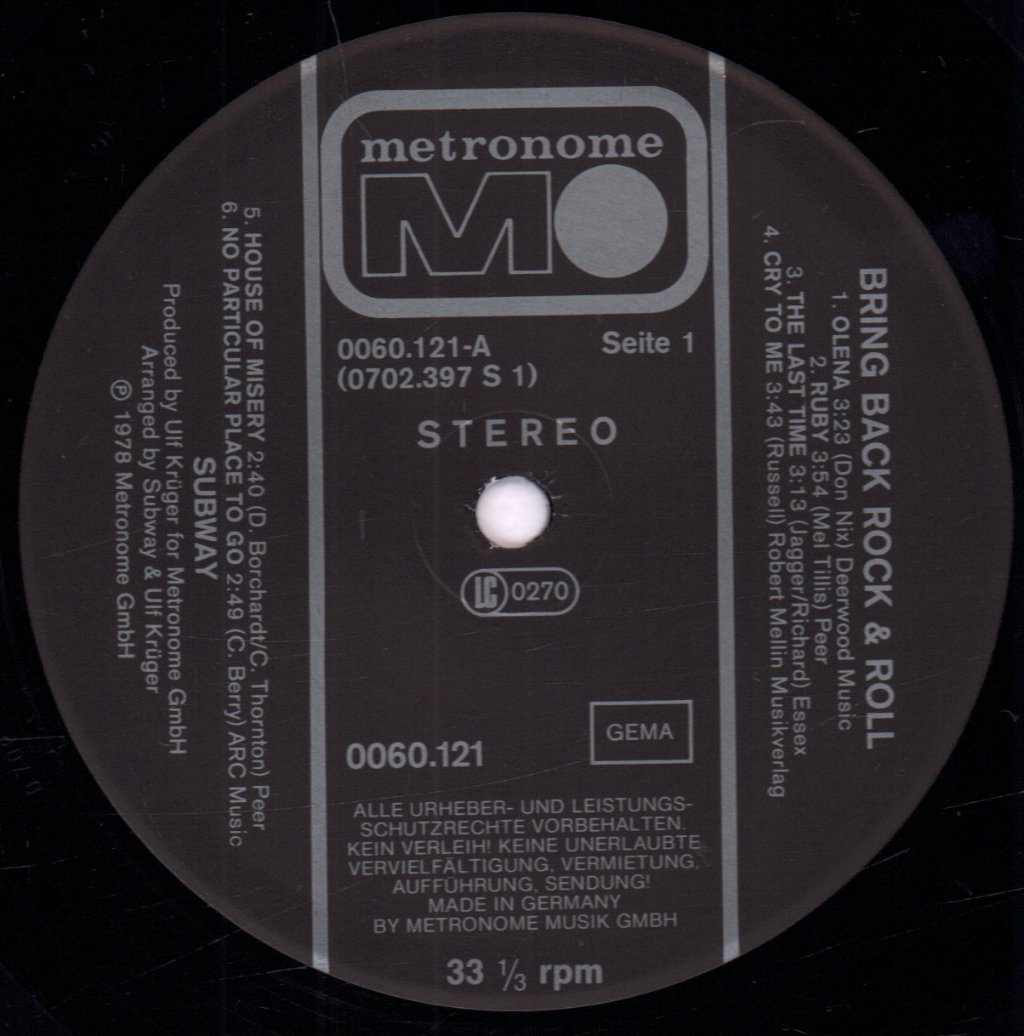 Subway (Rock Group) - Bring Back Rock And Roll - Lp