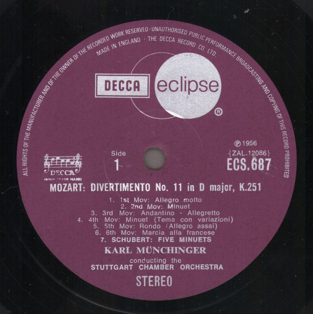 Karl Munchinger / Stuttgart Chamber Orchestra - Mozart - Divertimento No. 11 In D Major (K.251) / Schubert - Five Minuets / Five German Dances - Lp