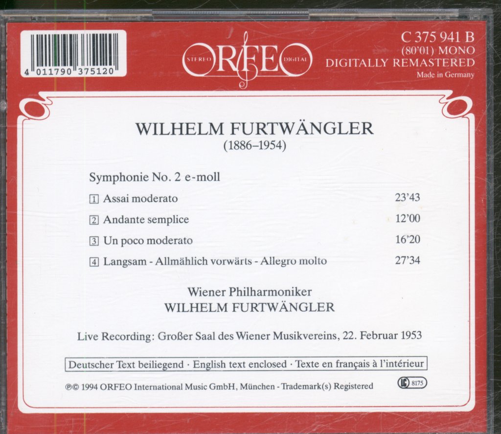 Wilhelm Furtwängler, Wiener Philharmoniker - Wilhelm Furtwängler - Symphony No. 2 - Cd