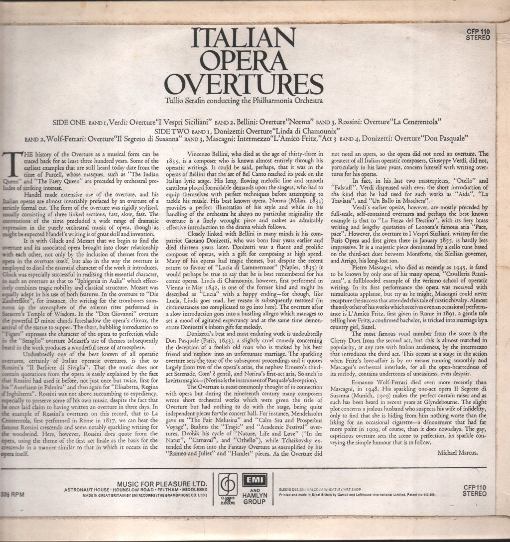 Philharmonia Orchestra / Tullio Serafin Efrem Kurtz - Italian Opera Overtures - Lp