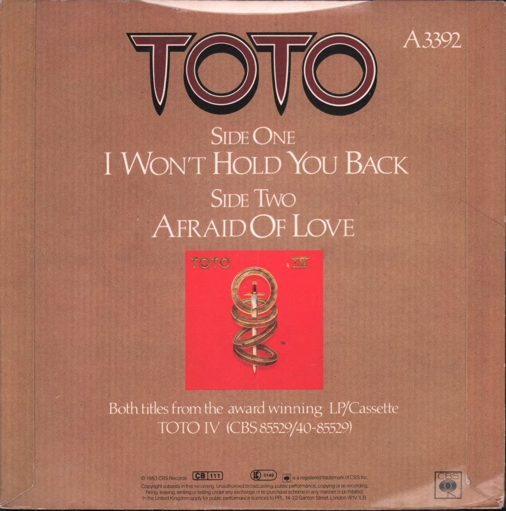 Toto - I Won't Hold You Back - 7 Inch