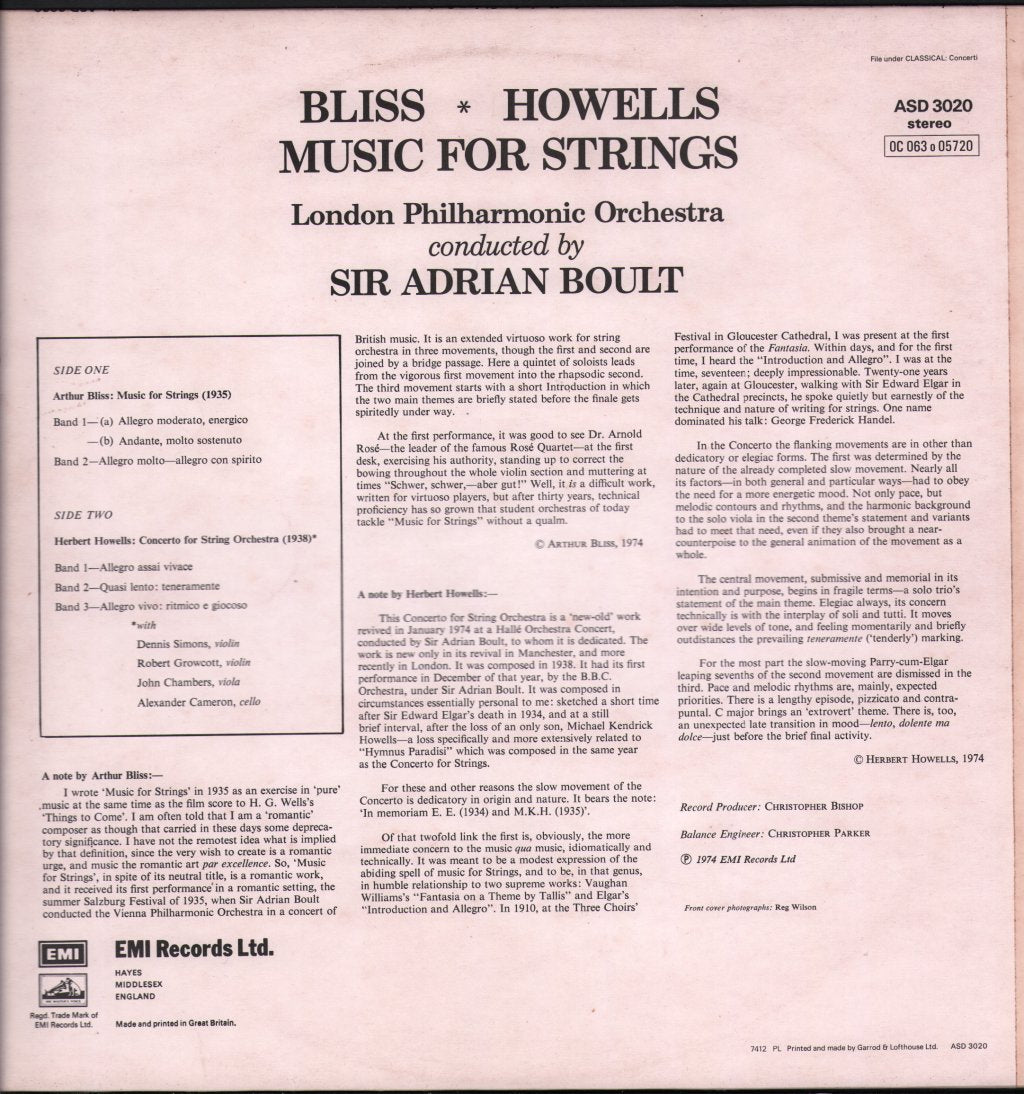 Sir Adrian Boult / London Philharmonic - Bliss - Music For Strings / Howells - Concerto For String Orchestra - Lp