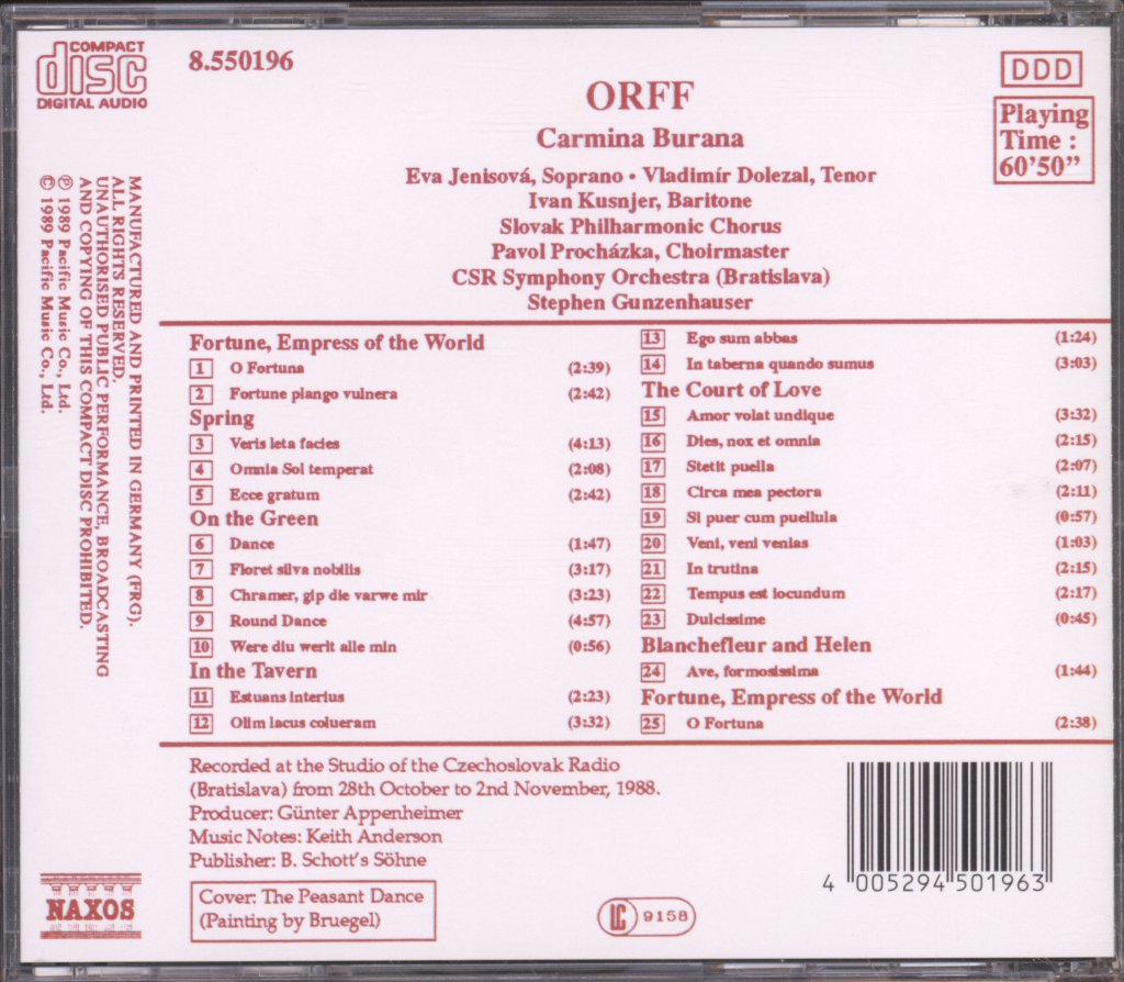 Slovak Philharmonic Chorus, CSR Symphony Orchestra, Stephen Gunzenhauser - Orff - Carmina Burana - Cd