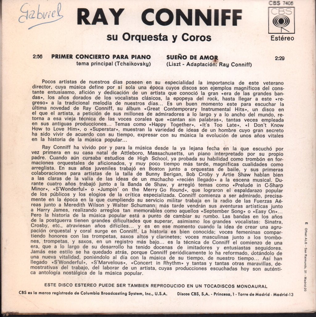 Ray Conniff - primer concierto para piano - 7 Inch