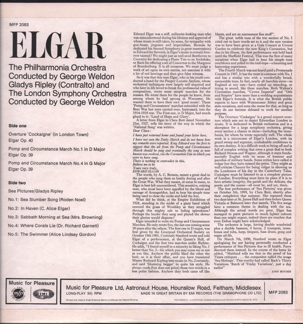 George Weldon / Philharmonia Orchestra / Gladys Ripley - Elgar - Pomp and Circumstance Marches 1 & 4 / Cockaigne Overture / Sea Pictures - Lp
