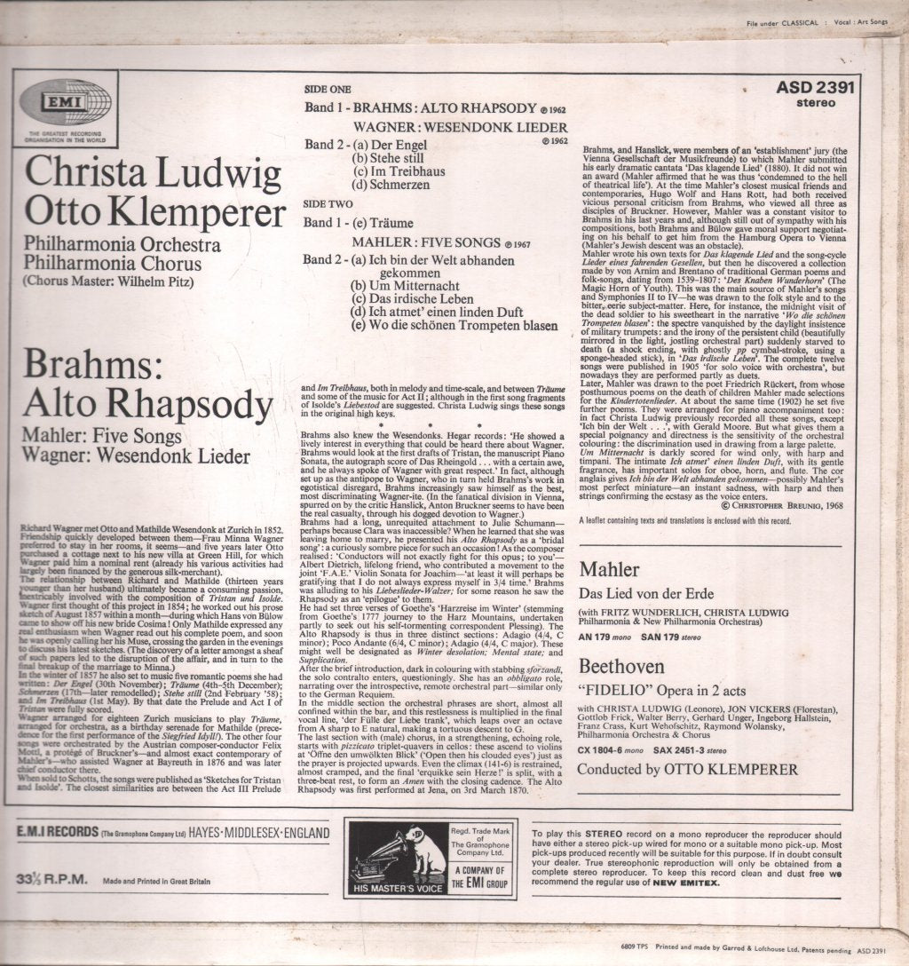 Christa Ludwig / Otto Klemperer / Philharmonia Orchestra - Brahms - Alto Rhapsody / Mahler - Five Songs / Wagner - Wesendonk Lieder - Lp