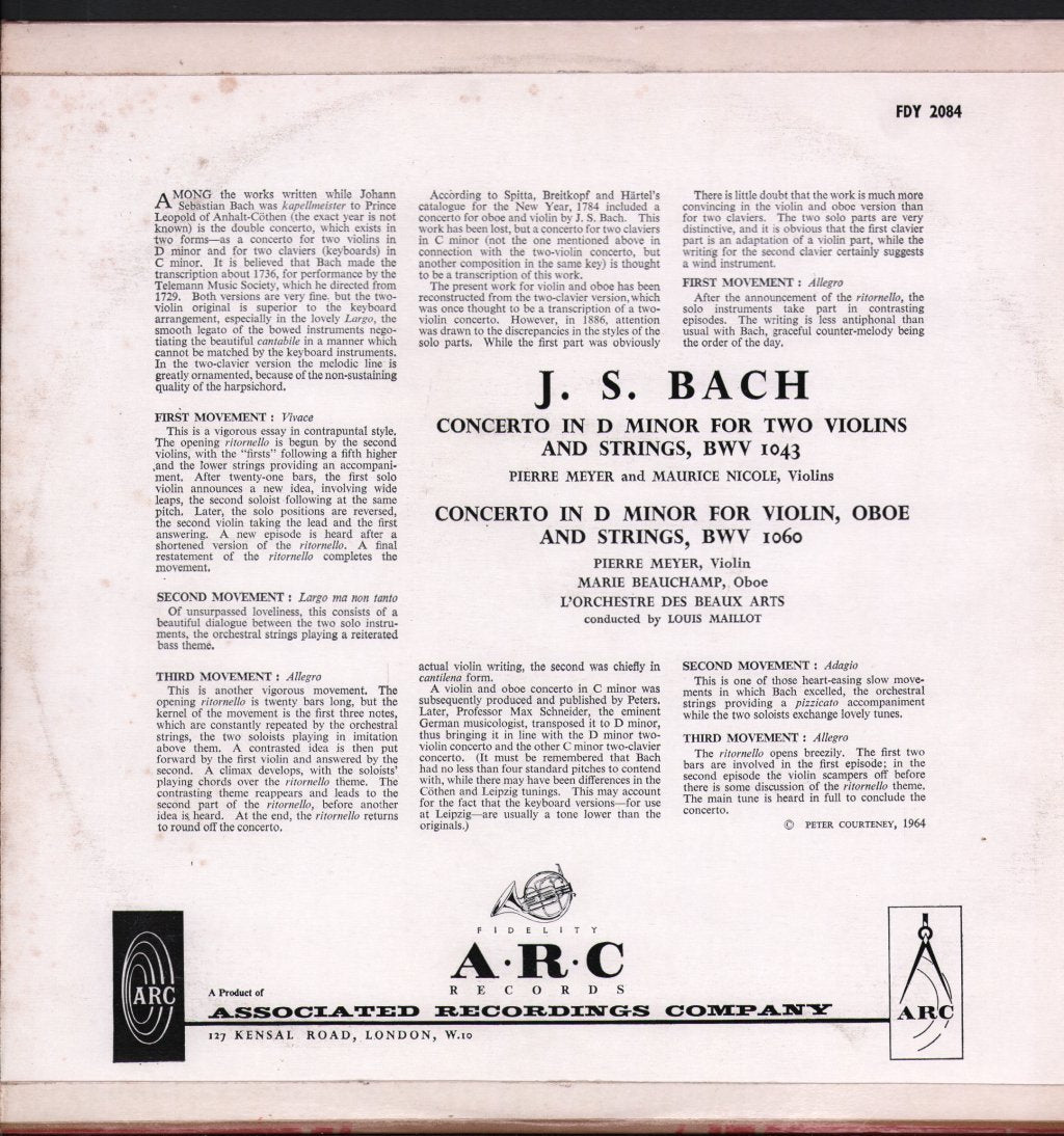 Pierre Meyer / Maurice Nicole / Marie Beauchamp / L' Orchestre Des Beaux Arts - J.S. Bach - Concerto For Two Violins And Strings Bwv 1043 / Concerto In D Minor For Violin Oboe And Strings Bwv 1060 - Lp