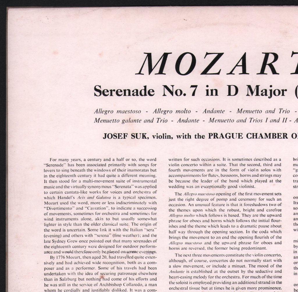 Josef Suk / Prague Chamber Orchestra - Mozart - Haffner Serenade No 7 in D-dur, KV 250 - Lp