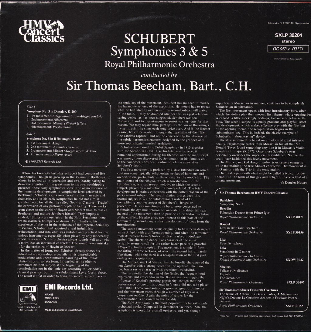 Sir Thomas Beecham / Royal Philharmonic Orchestra - Schubert - Symphony No.3 In D / Symphony No.5 In B Flat - Lp