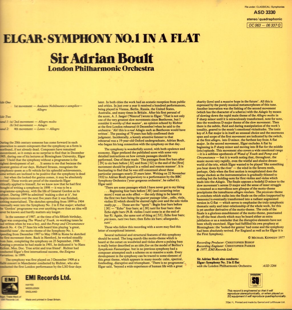 Sir Adrian Boult / London Philharmonic Orchestra - Elgar Symphony No.1 - Lp