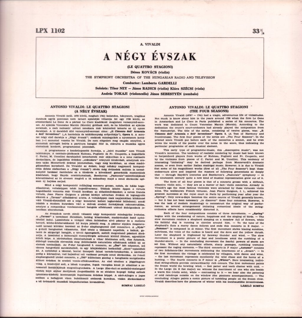 symphony orchestra of the hungarian radio and television - vivaldi A Negy evszak Four Seasons - Lp