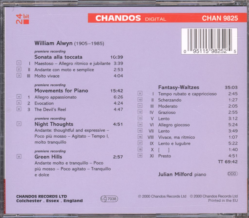 Julian Milford - William Alwyn - Sonata Alla Toccata / Movements For Piano / Night Thoughts / Green Hills / Fantasy-Waltzes - Cd