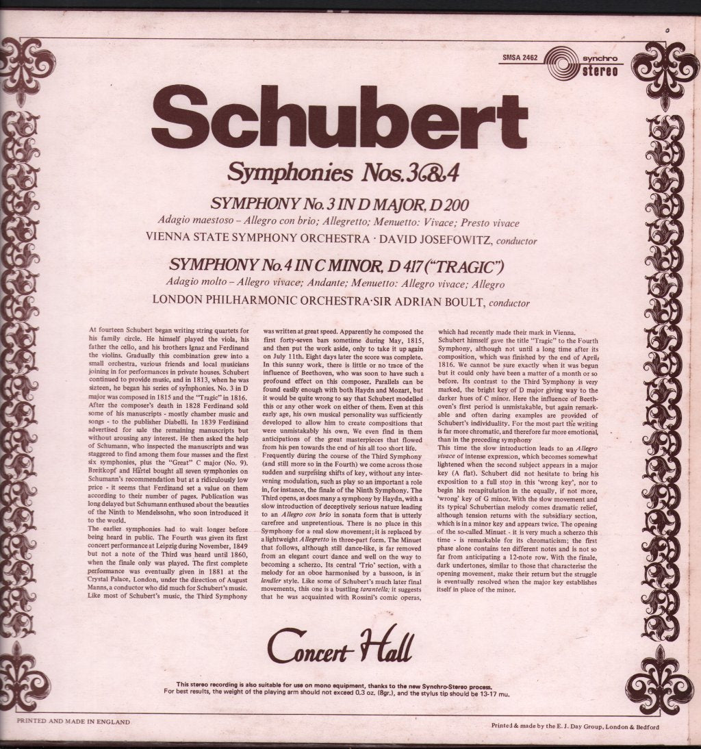 David Josefowitz / Vienna State Symphony Orchestra / Sir Adrian Boult / London Philharmonic Orchestra - Schubert - Symphonies 3 & 4 - Lp