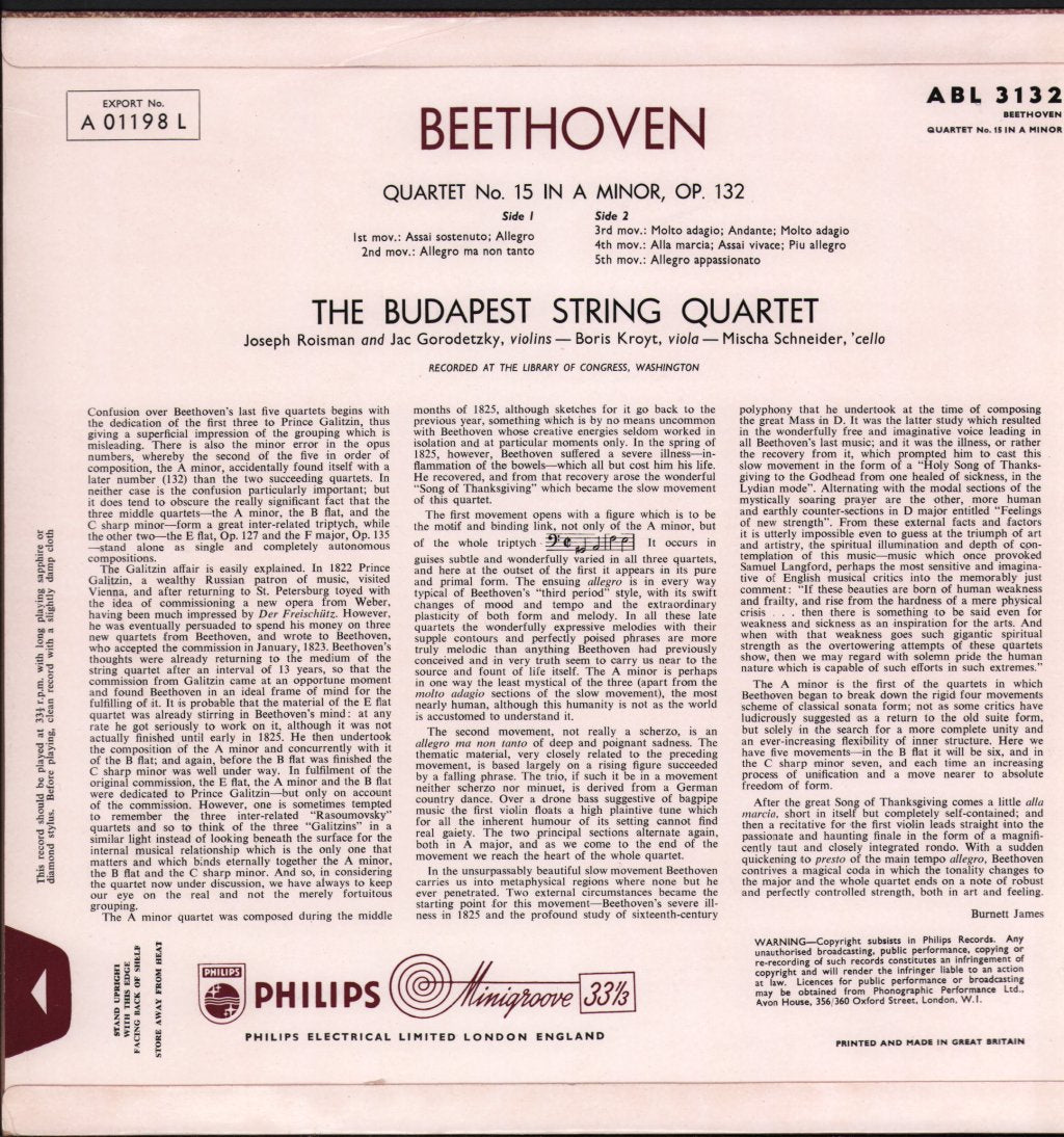 Budapest String Quartet - Beethoven - Complete String Quartets ~ Quartet No. 15 In A Minor Op. 132 - Lp