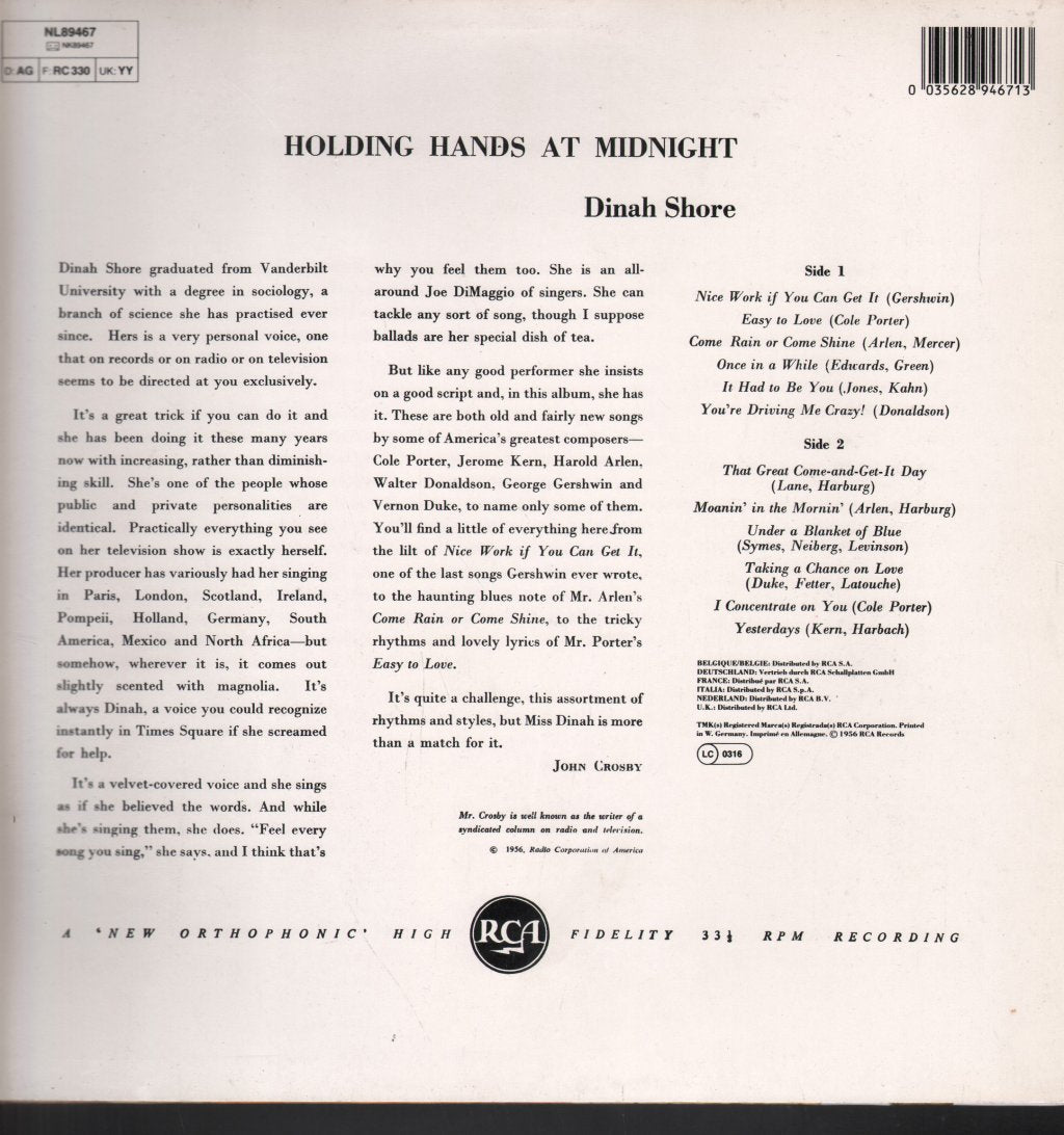 Dinah Shore - Holding Hands At Midnight - Lp