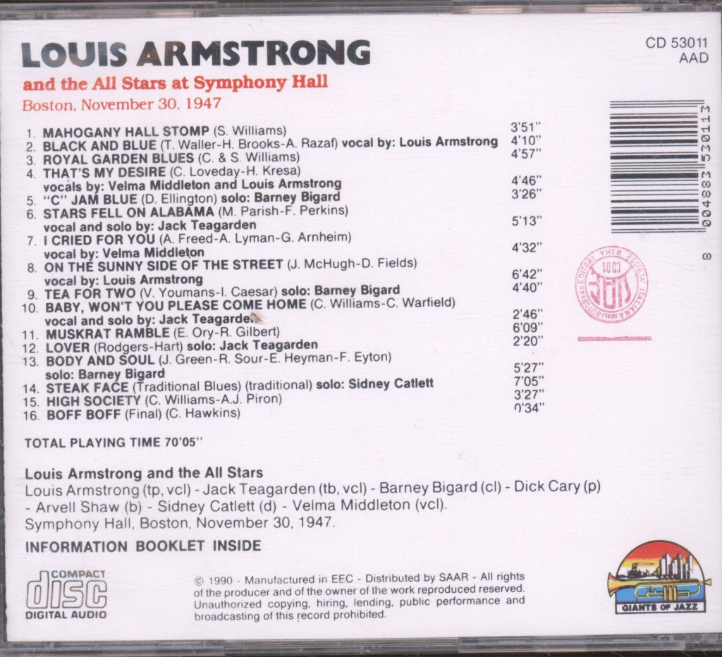 Louis Armstrong And His All-Stars - Louis Armstrong And The All Stars At Symphony Hall - Cd