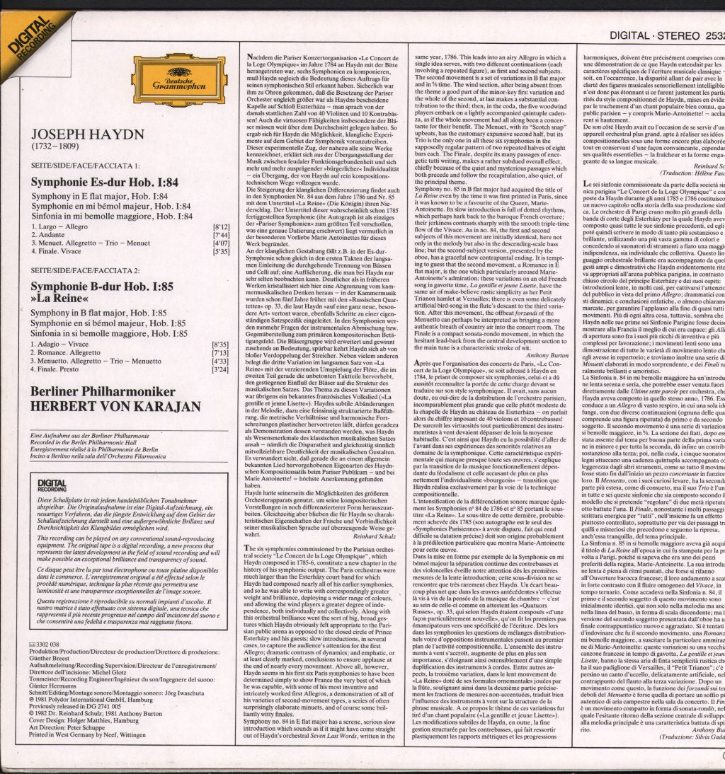 Herbert Von Karajan / Berliner Philharmoniker - Haydn - Symphonien No.85 "La Reine". No.84 - Lp