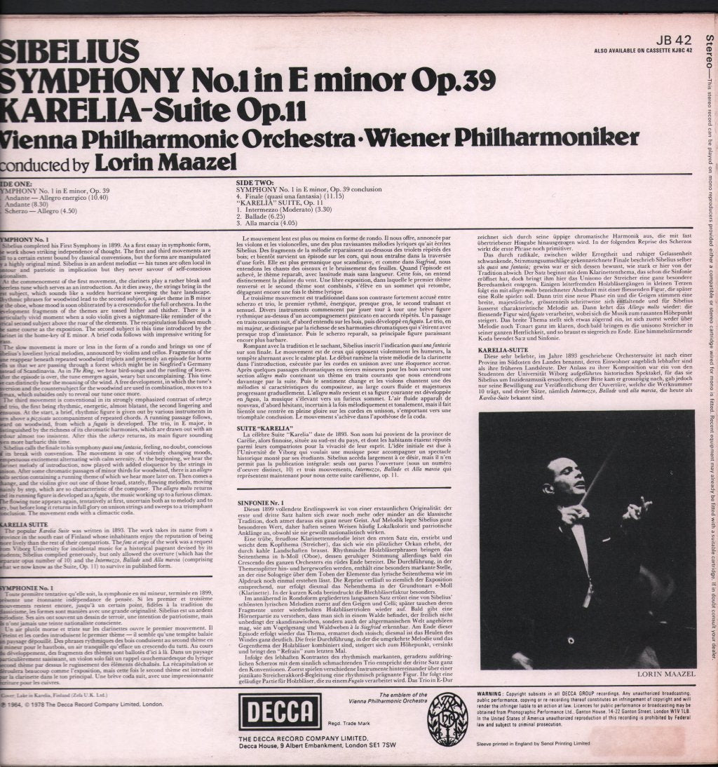 Lorin Maazel / Vienna Philharmonic Orchestra - Sibelius - Symphony No.1 In E Minor / Karelia Suite - Lp