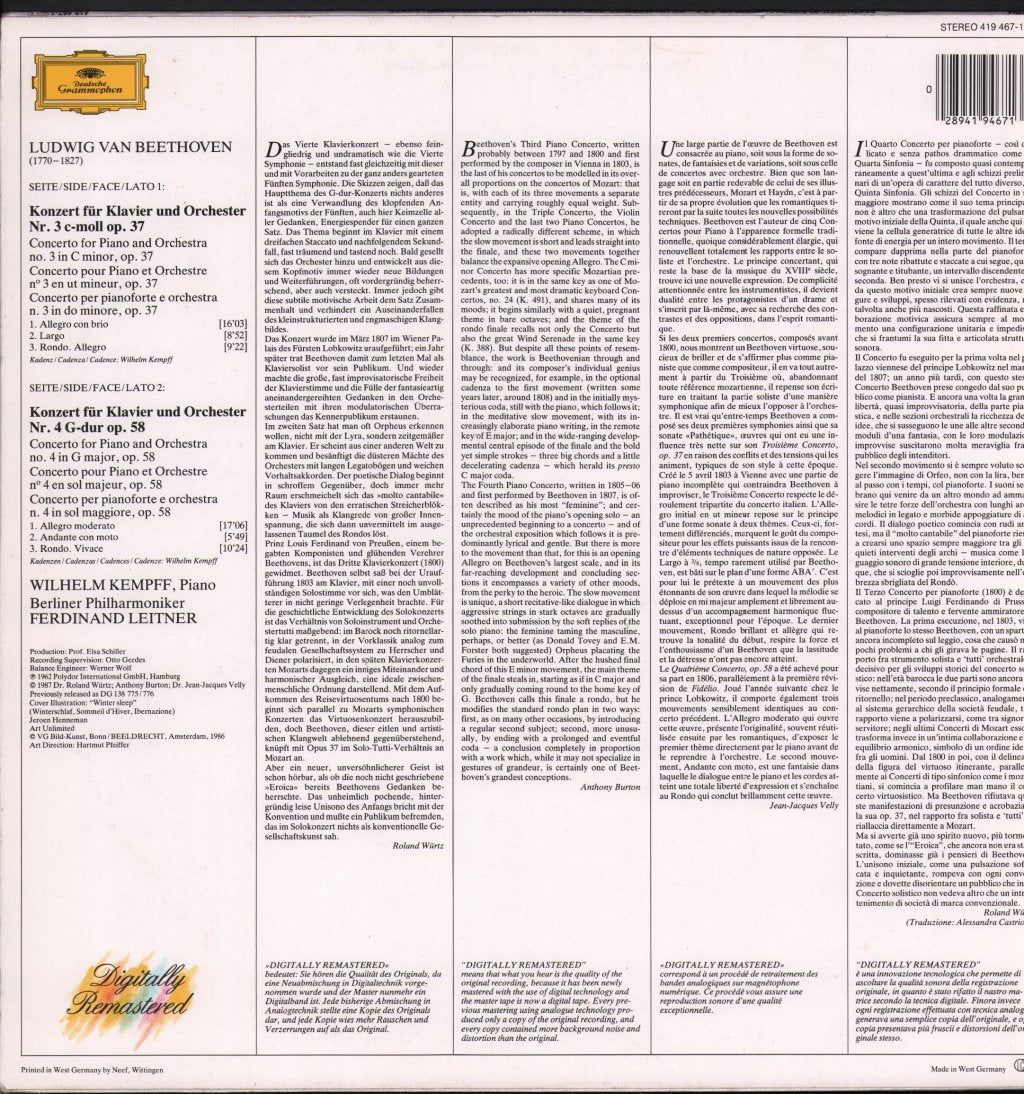 Wilhelm Kempff / Berliner Philharmoniker / Ferdinand Leitner - Ludwig van Beethoven - Klavierkonzerte Nr.3+4 - Lp