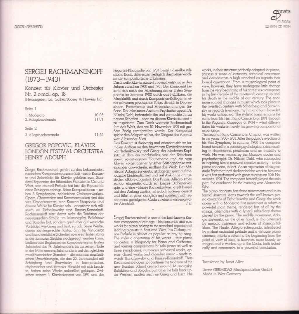 gregor popovic - rachmaninoff Klavierkonzert Nr. 2 - Lp