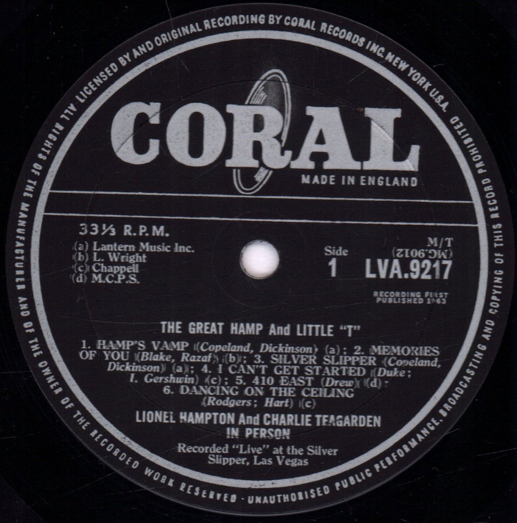Lionel Hampton And Charlie Teagarden - Great Hamp And Little 'T' - Lp