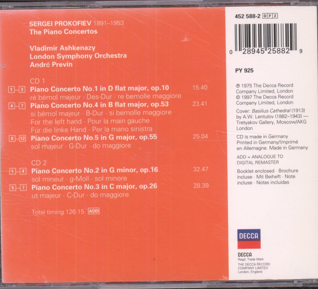 Vladimir Ashkenazy, London Symphony Orchestra, Andre Previn - Prokofiev -  5 Piano Concertos = Die Klavierkonzerte = Les Concertos Pour Piano - Double Cd