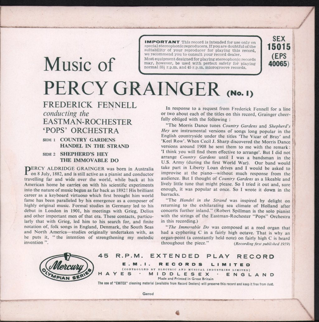 Eastman Rochester Orchestra / Frederick Fennell - Piano Music Of Percy Grainger - 7 Inch Set