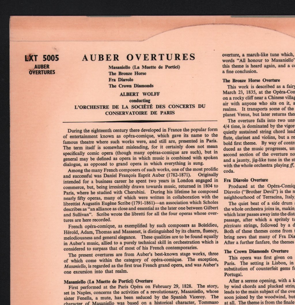 Albert Wolff / L'Orchestre De La Societe Des Concerts Du Conservatoire De Paris - Auber - Overtures - Lp