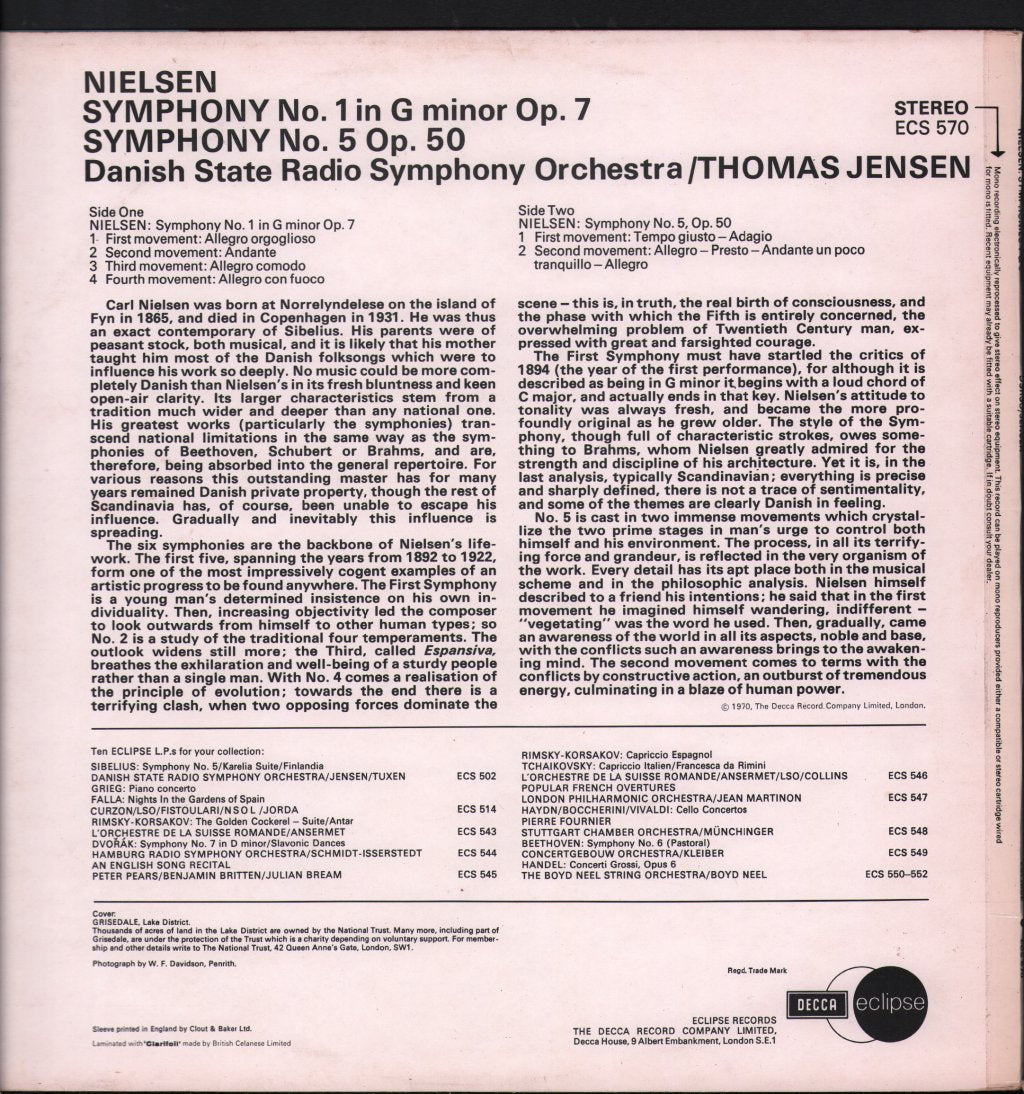 Danish State Radio Symphony Orchestra / Thomas Jensen - Nielsen - Symphony No. 1, Symphony No. 5 - Lp