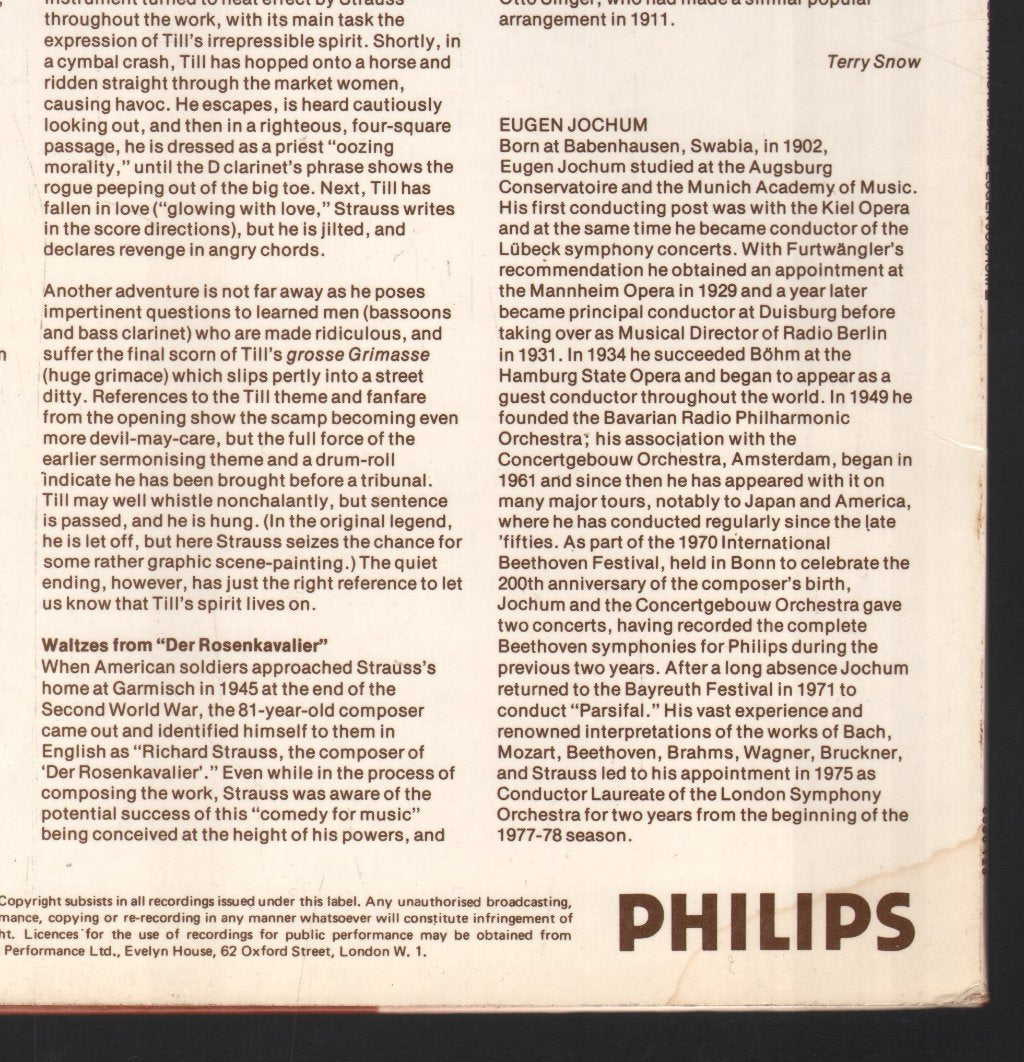 Eugen Jochum, Concertgebouw Orchestra, Amsterdam - Strauss - Don Juan / Till Eulenspiegel - Lp