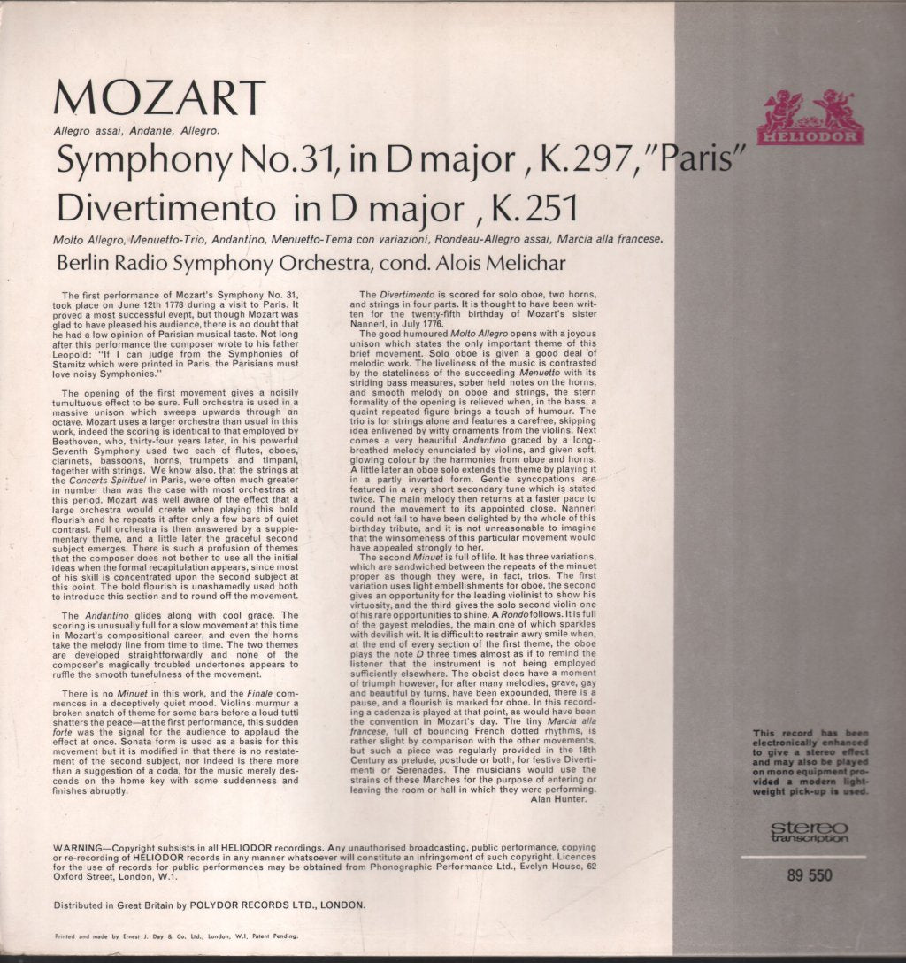 Alois Melichar / Berlin Radio Symphony Orchestra - Mozart - Symphony No.31 In D Major, K297 Paris - Lp