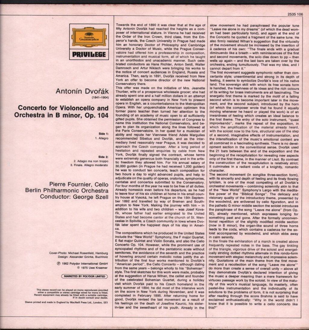 Pierre Fournier / George Szell / Berlin Philharmonic - Antonin Dvorak - Concerto For Cello And Orchestra - Lp