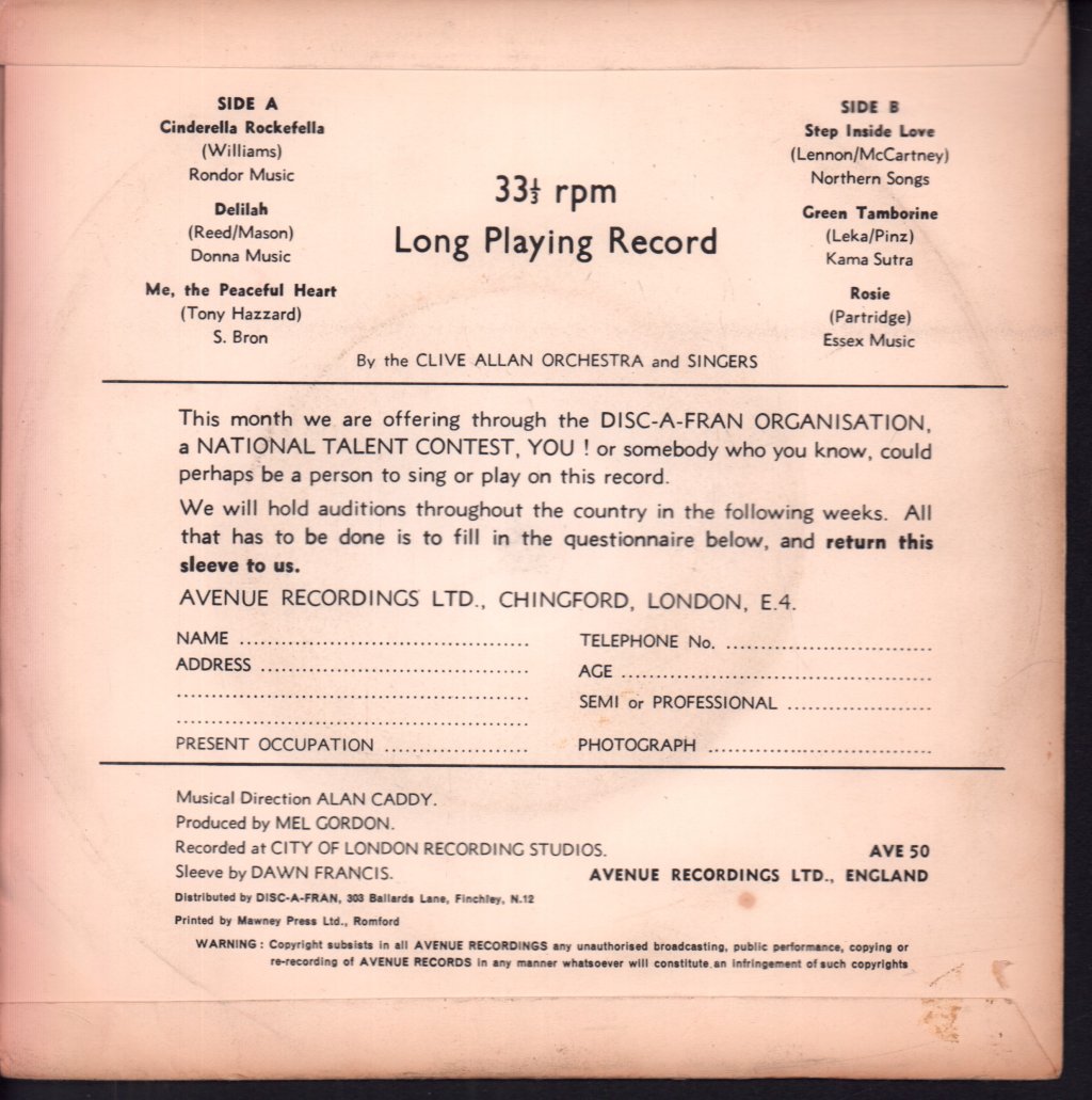 Clive Allan Orchestra - Cinderella Rockefella - 7 Inch