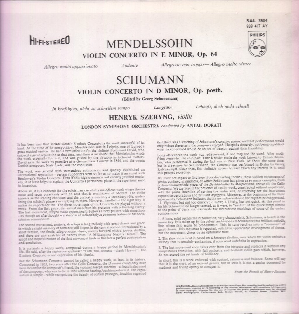Henryk Szeryng - Mendelssohn Schumann Violin Concertos - Lp