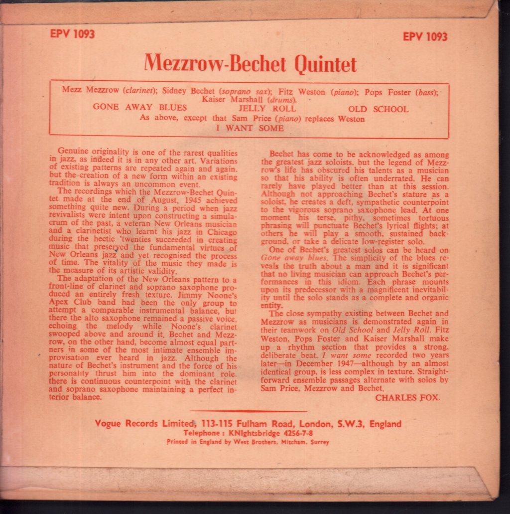 Mezzrow Bechet Quintet - Mezzrow-Bechet Quintet - 7 Inch