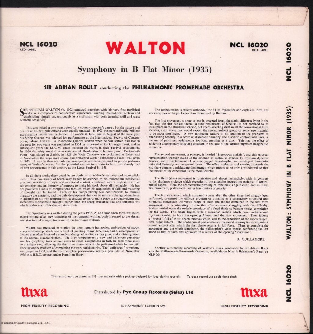 Sir Adrian Boult / Philharmonic Promenade Orchestra - Symphony In B Flat Minor (1935) - Lp