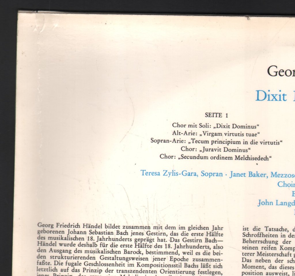 Teresa Zylis-Gara / Janet Baker / Martin Lane / David Willcocks / E.C.O. - Handel - Dixit Dominus Psalm 109 - Lp