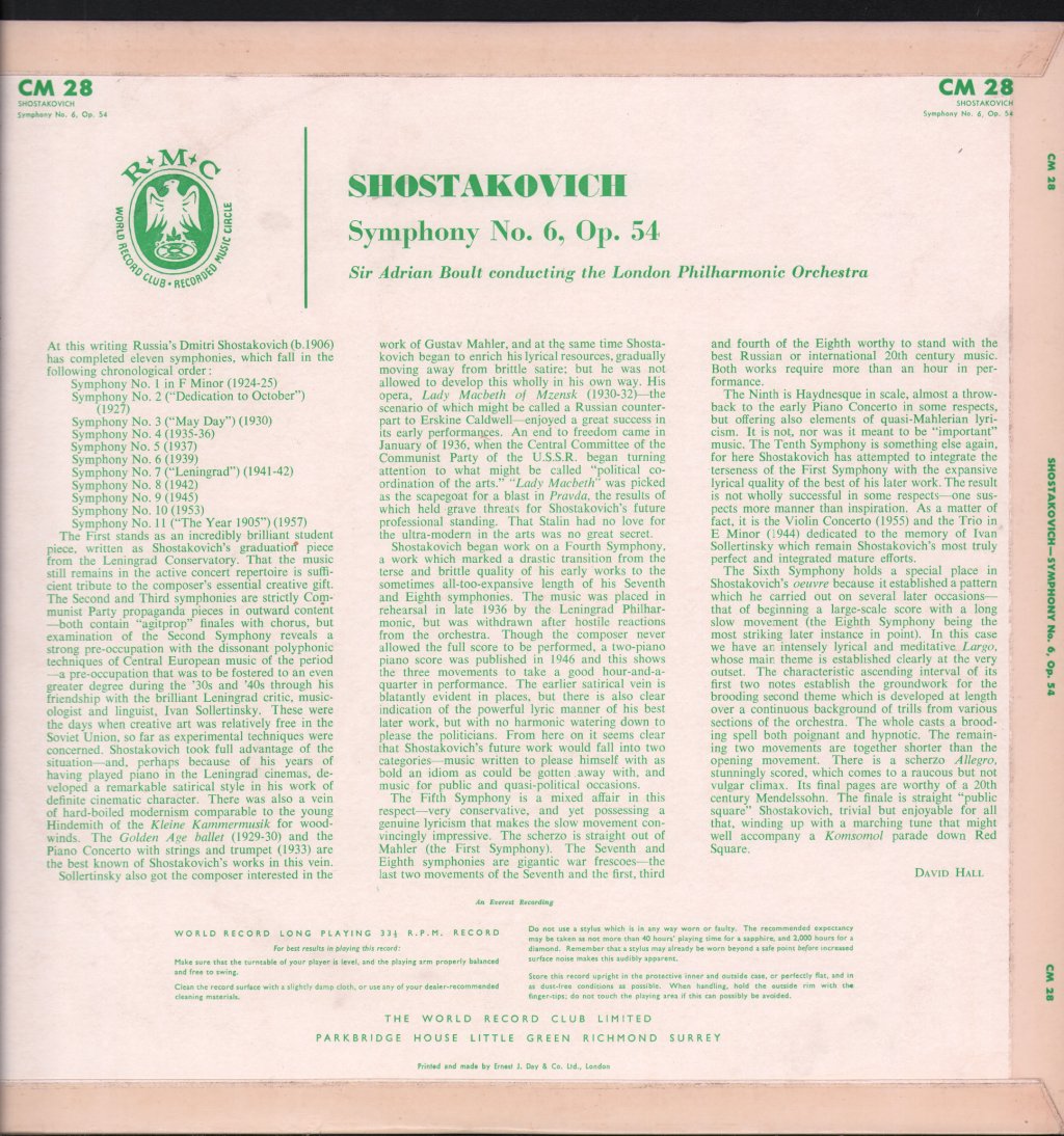 Sir Adrian Boult / London Philharmonic Orchestra - Shostakovich - Symphony No. 6, Op. 54 - Lp