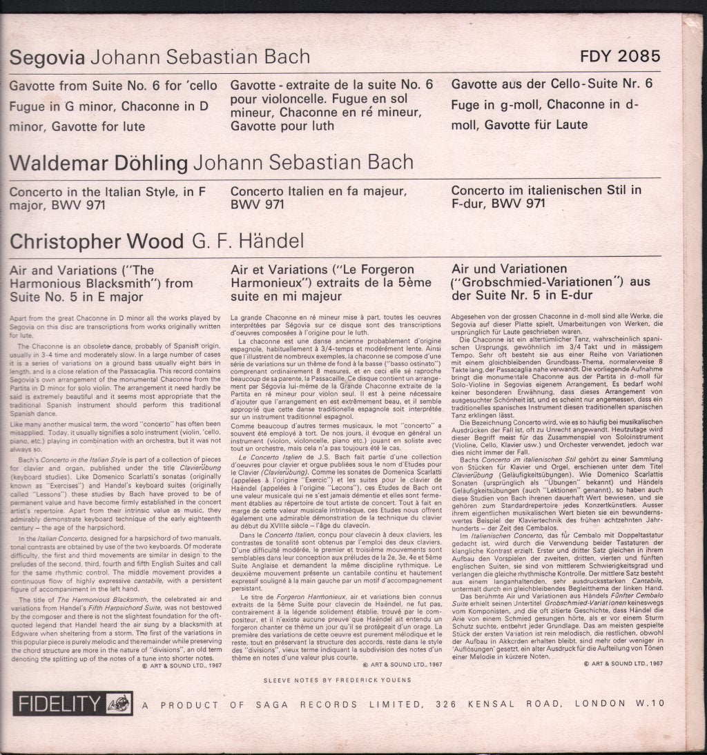 Andres Segovia / Waldemar Dohling / Christopher Wood - Segovia & Dohling Play Bach, Wood Plays Handel - Lp