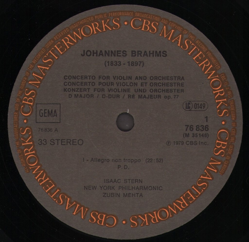 Isaac Stern / Zubin Mehta / New York Philharmonic - Brahms - Violin Concerto - Lp