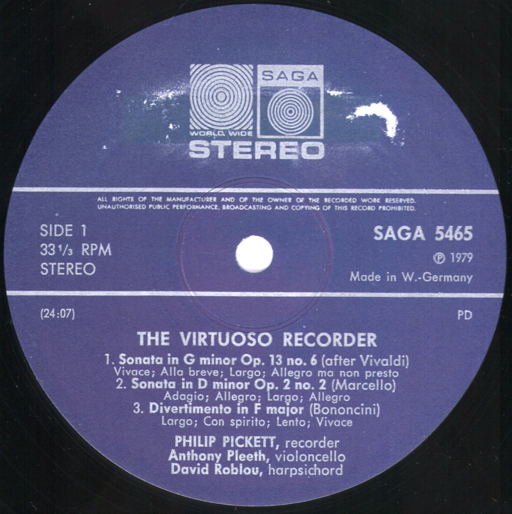 Philip Pickett / Anthony Pleeth / David Roblou - Virtuoso Recorder - Lp