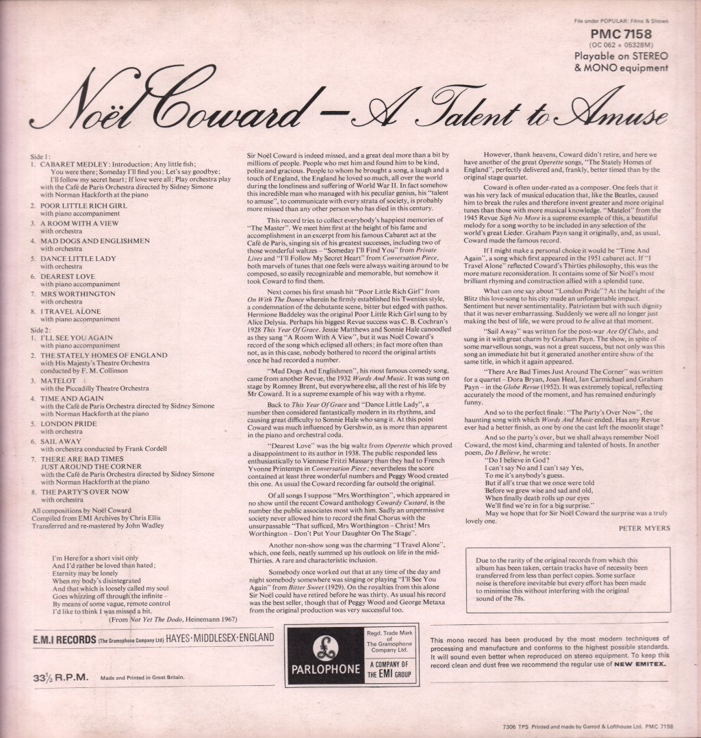 Noel Coward - A Talent To Amuse - Lp