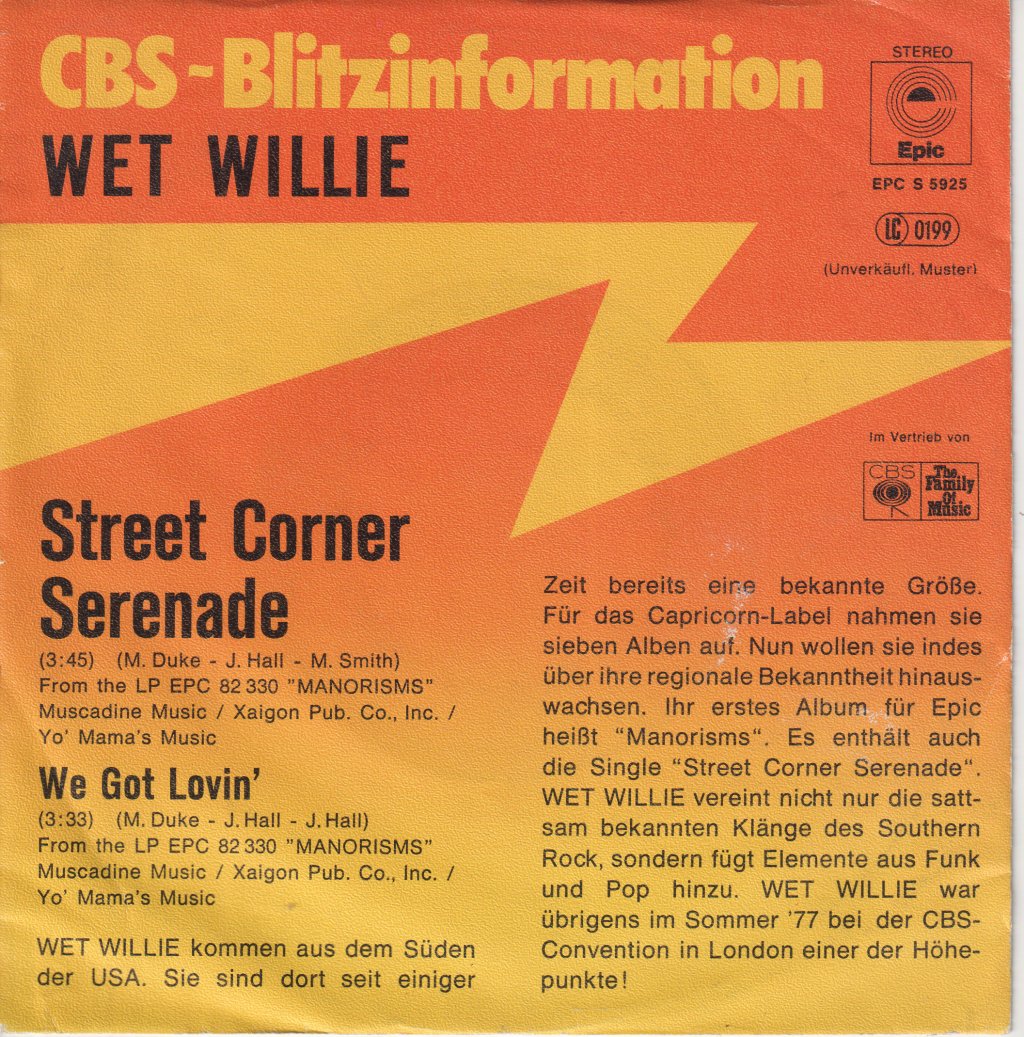 Wet Willie - Street Corner Serenade - 7 Inch