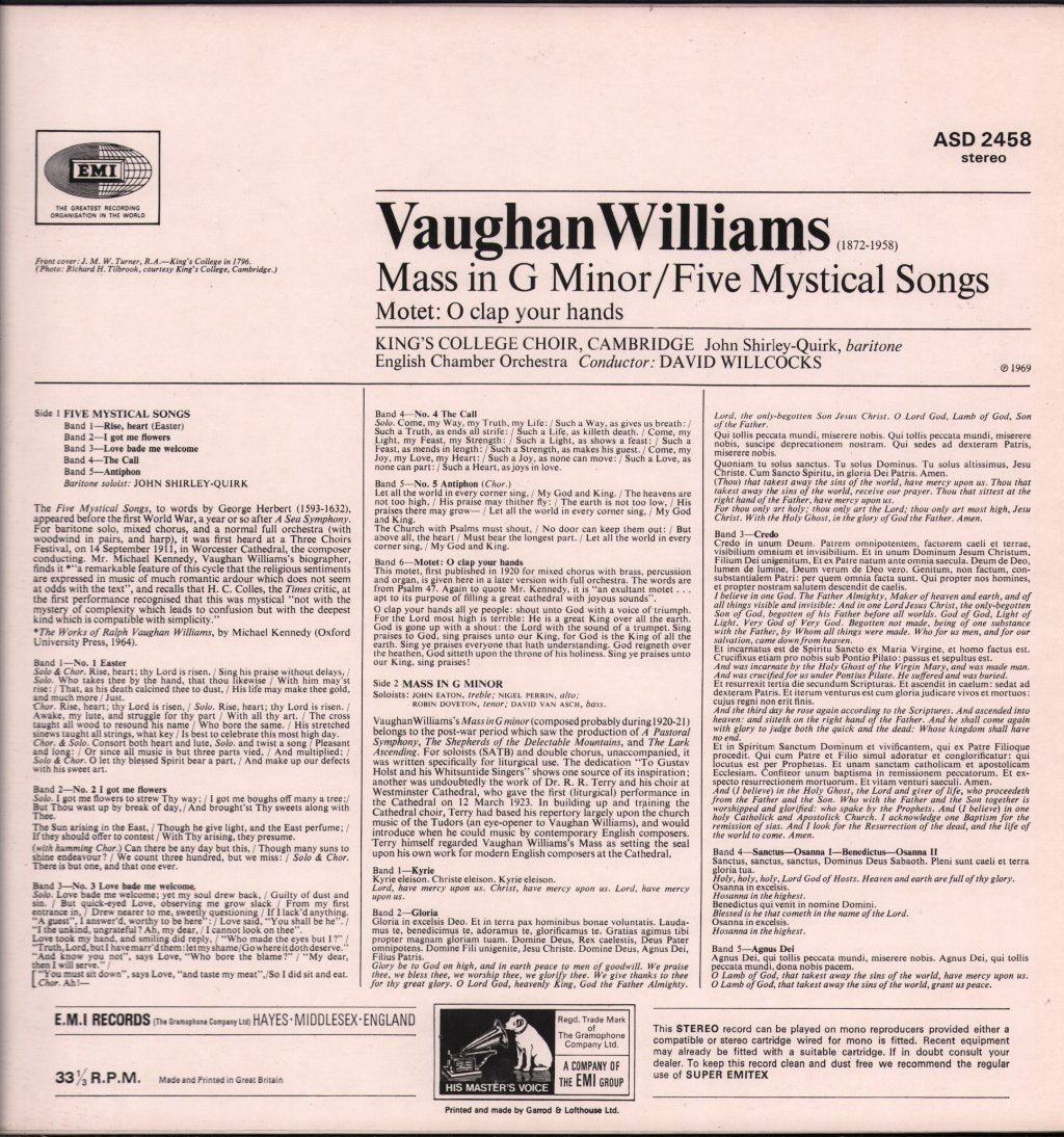 John Shirley-Quirk / English Chamber Orchestra / David Willcocks - Vaughan Williams - Mass In G Minor - Lp